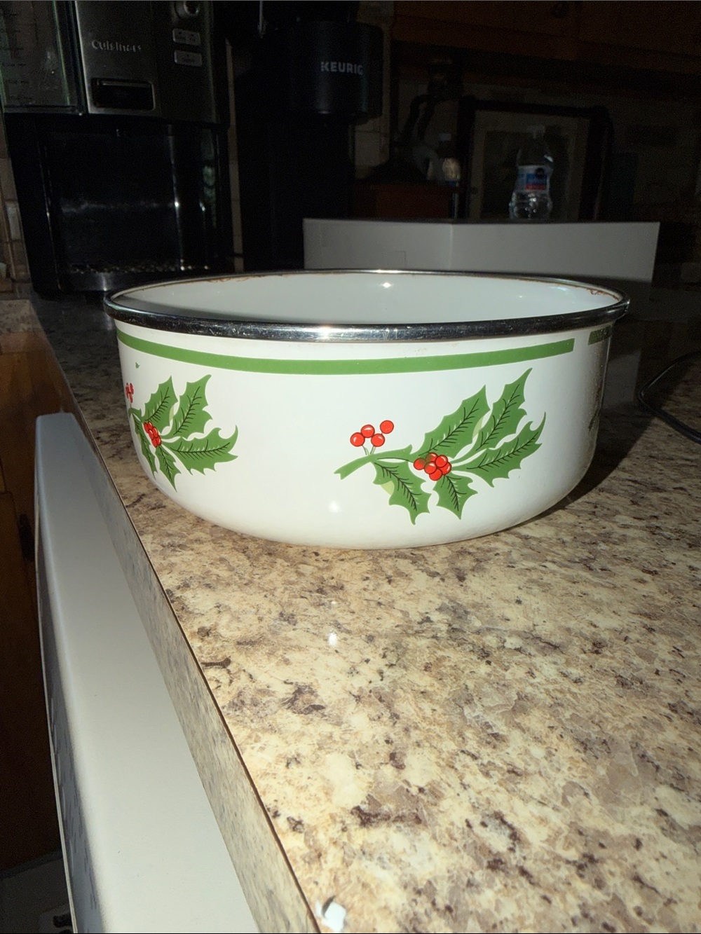 Vintage Christmas Holly & Berry Enamelware Mixing Serving Bowl